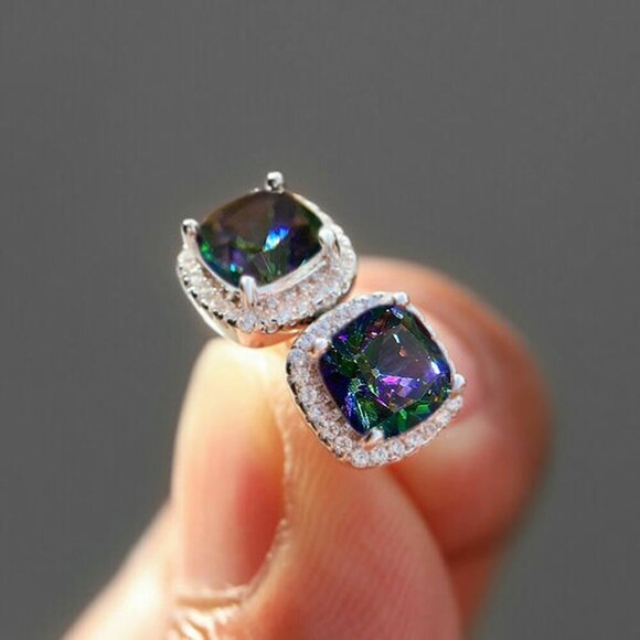 Square Colorful Micro Pave Zircon Stud Earrings for Women, EVGG1032 - Picture 1 of 10